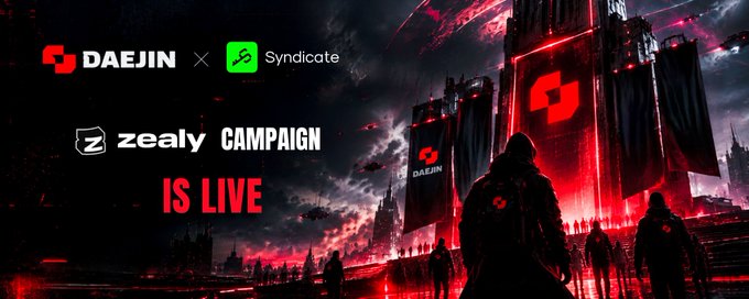 A dark, red-toned promotional banner announces “DAEJIN × Syndicate” and “zealy CAMPAIGN IS LIVE,” featuring a futuristic cityscape with glowing Daejin logos and silhouetted figures. It visually supports the accompanying post’s announcement of the live Daejin x @sndcapp Zealy campaign, running October 8–15 with a “200 $USDC” raffle for explaining Daejin to someone new to prediction markets.