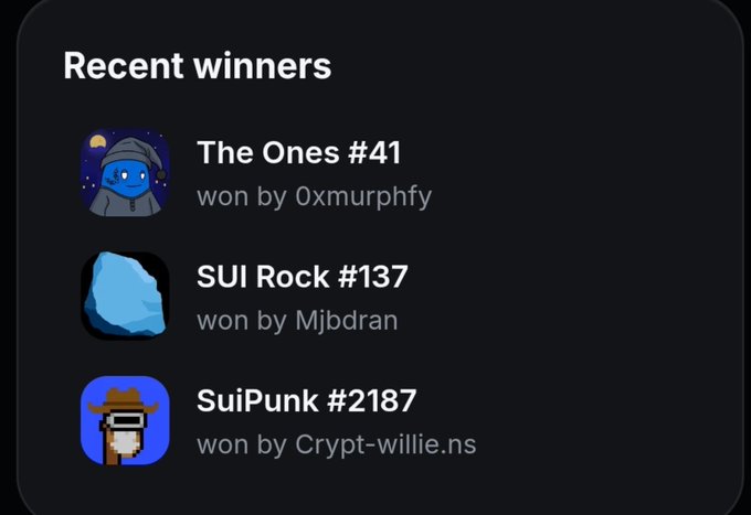 A 'Recent winners' list on a dark-themed interface showing wins for 'The Ones #41' by 0xmurphfy, 'SUI Rock #137' by Mjbdrn, and 'SuiPunk #2187' by Crypt-willie.ns.