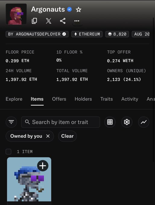 A screenshot of the "Argonauts" NFT collection page displays stats including a floor price of "0.299 ETH," a 24H volume of "1,397.92 ETH," and shows a pixel art image of an astronaut under the "Owned by you" filter.