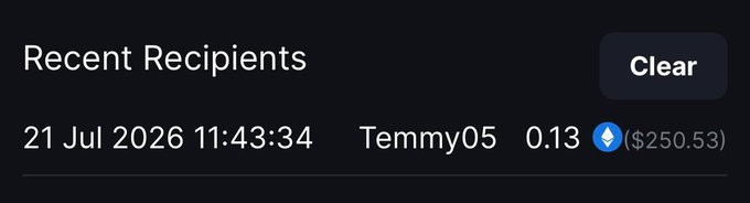 The image shows a "Recent Recipients" transaction log displaying a 0.13 ETH (~$250.53) transfer to "Temmy05" on 21 Jul 2026 at 11:43:34, confirming the prize payout referenced in the giveaway announcement for @TemmyX__.