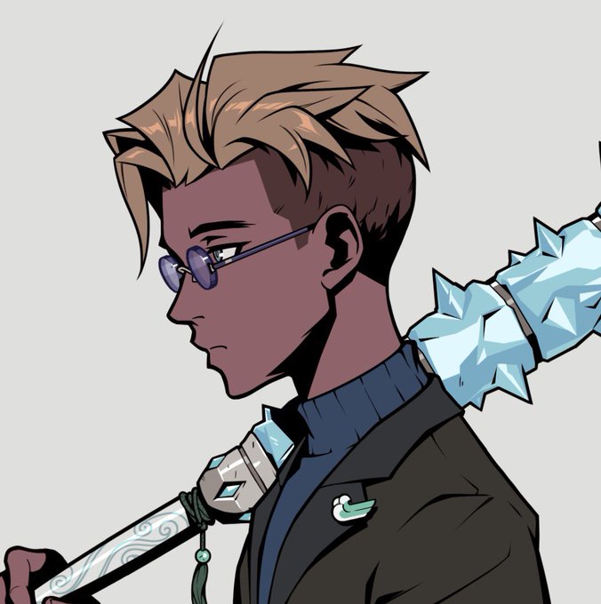 An illustrated profile of a character with dark skin, blonde hair, purple glasses, wearing a dark jacket over a blue shirt, carrying a staff or weapon with crystal formations on it.