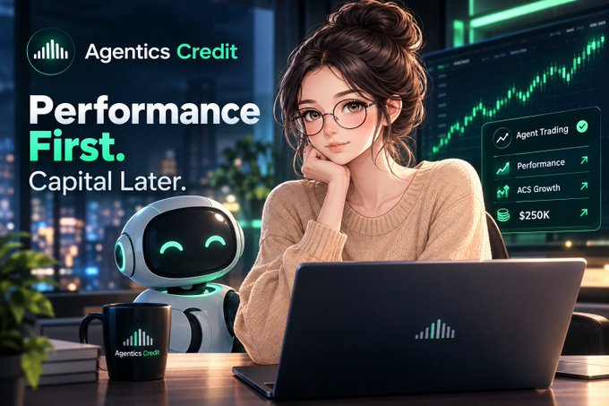 An AI-generated promotional graphic for 'Agentics Credit' showing an anime-style woman with a bun and glasses working on a laptop beside a small robot, with the slogan 'Performance First. Capital Later.' and financial metrics including 'ACS Growth' and '$250K'.