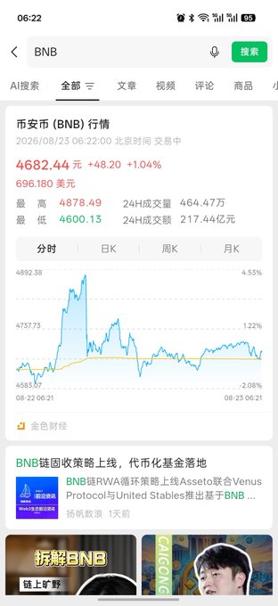 A Chinese finance app screenshot showing BNB (Binance Coin) market data at $696.18 USD ($4682.44 CNY, +1.04%), with a 24-hour intraday chart showing high of 4878.49 and low of 4600.13.