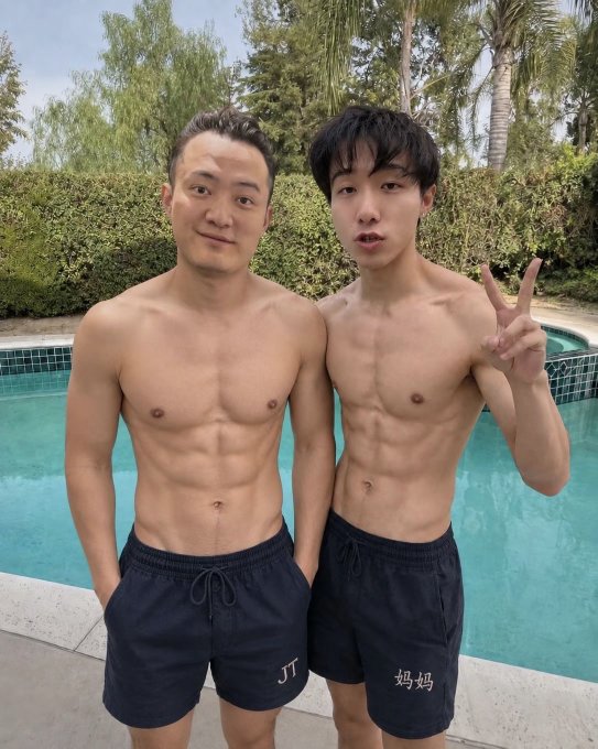 Two shirtless men pose by a swimming pool, with the one on the left wearing black shorts labeled "JT" and the one on the right (Justin Sun) wearing shorts marked with Chinese characters meaning "Mom," making a peace sign—visually welcoming him to the "Thin Skin Club" by showcasing their low body fat and defined abs.
