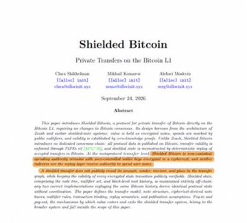An academic paper titled 'Shielded Bitcoin: Private Transfers on the Bitcoin L1' dated September 21, 2026, with portions of the abstract highlighted in yellow.