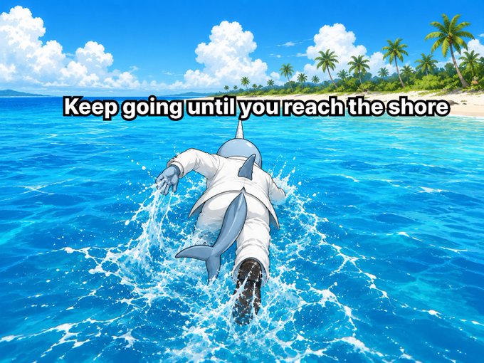 An anime-style image shows a person in a white coat with a shark tail running through ocean water toward a tropical island, with the text 'Keep going until you reach the shore'.