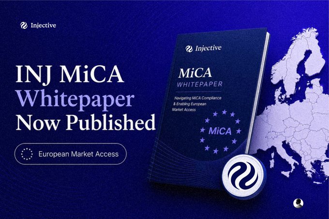 An Injective promotional graphic titled 'INJ MiCA Whitepaper Now Published' featuring a whitepaper document and a map of Europe on a dark blue background.