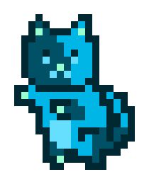 A small pixel art character resembling a blue and black creature with green accents on a dark background.