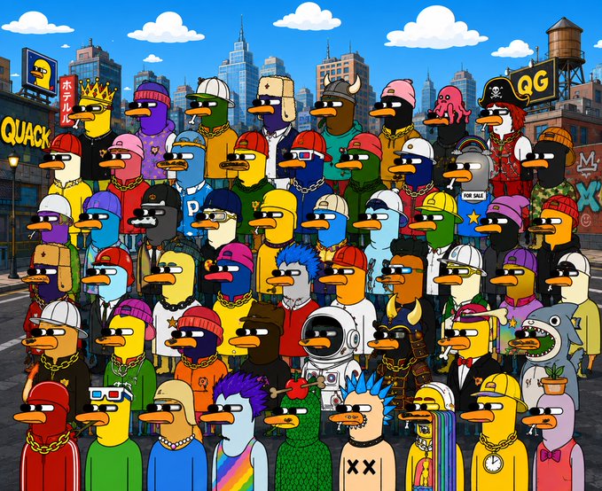 A colorful digital illustration depicting a large crowd of stylized cartoon duck characters wearing various hats and accessories, with a cityscape and graffiti like "QUACK" and "GG" in the background.