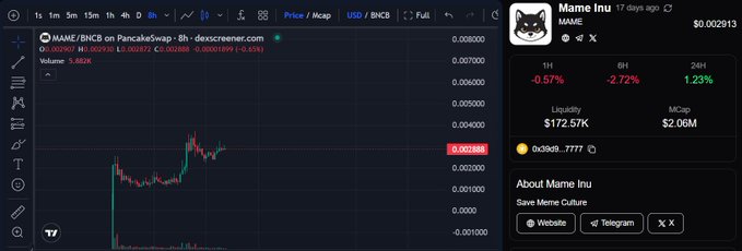 A cryptocurrency trading chart showing the MAME/BNCB pair on PancakeSwap with the 'Mame Inu' meme token, displaying price data of $0.002913, a market cap of $2.06M, and a 24-hour change of 1.23%.