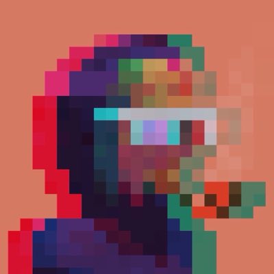A pixelated image of a figure wearing a helmet with a glowing visor, set against a peach-colored background.