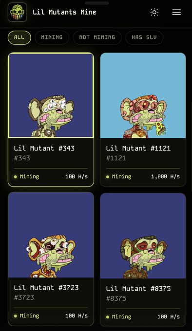 A screenshot of a mobile app called 'Lil Mutants Mine' showing NFT mutant monkeys with varying mining rates, including Lil Mutant #343 (100 H/s), Lil Mutant #1121 (1,000 H/s), Lil Mutant #3723 (100 H/s), and Lil Mutant #8375 (100 H/s).