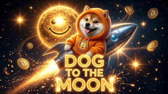A cartoon Shiba Inu in an orange hoodie rides a rocket past a smiling sun, surrounded by Bitcoin coins, with glowing text reading "DOG TO THE MOON." The vibrant image captures the post's bullish sentiment about the $DOG Bitcoin Runes token and its dedicated, VC-free community aiming for the moon.
