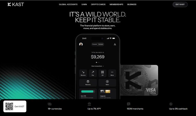 A promotional screenshot for KAST's stablecoin financial platform, featuring the tagline "IT'S A WILD WORLD. KEEP IT STABLE." alongside a smartphone displaying an account balance of $9,269 and a black KAST Visa Infinite card, highlighting features like 18+ currencies, up to 7% APY, 150M merchants, and up to 3% cashback.