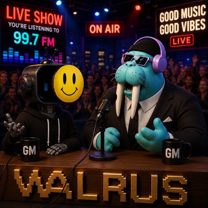 A stylized illustration of a radio show called 'WALRUS' featuring a robot with a smiley face and a blue walrus in a suit with headphones, broadcasting on '99.7 FM' with 'GOOD MUSIC GOOD VIBES LIVE'.