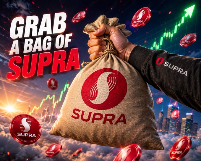 The image features a hand holding up a bag of Surra coins against a city skyline backdrop with a sunset. The text "Grab a bag of Surra" is written above the hand, indicating that someone has purchased these coins. The Surra logo can be seen on the bag as well.