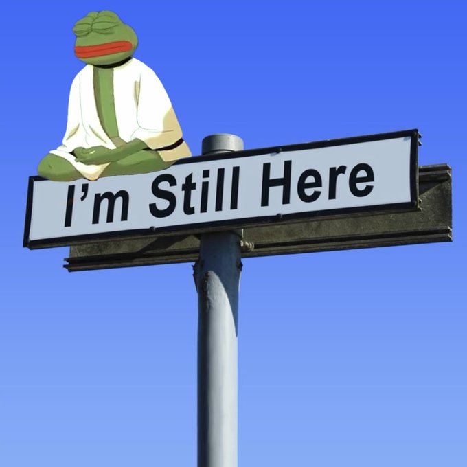 A street sign reading 'I'm Still Here' topped with a 3D-rendered figure of Pepe the Frog meditating in a robe and red headband against a blue sky.