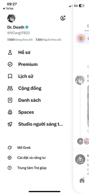 A screenshot of the TikTok mobile app menu in Vietnamese for user 'Dr. Death' (@VCong17833), showing 7,500 followers and options like 'Hồ sơ', 'Premium', and 'Danh sách'.