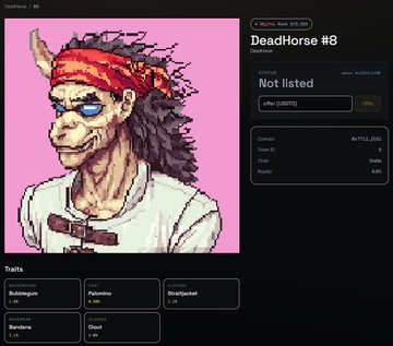 The image displays a digital marketplace listing for "DeadHorse #8," an NFT with a bid of 0.50 SOL, featuring a pixel-art unicorn character and traits like "Bubblem," "Beardini," and "Clown," which relates to the post announcing a giveaway of DeadHorse NFTs.