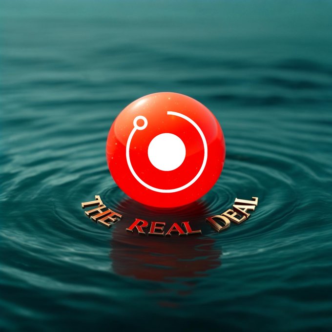 A 3D rendered image shows a red orb with a white logo resting on water, with the text 'THE REAL DEAL' displayed below it.