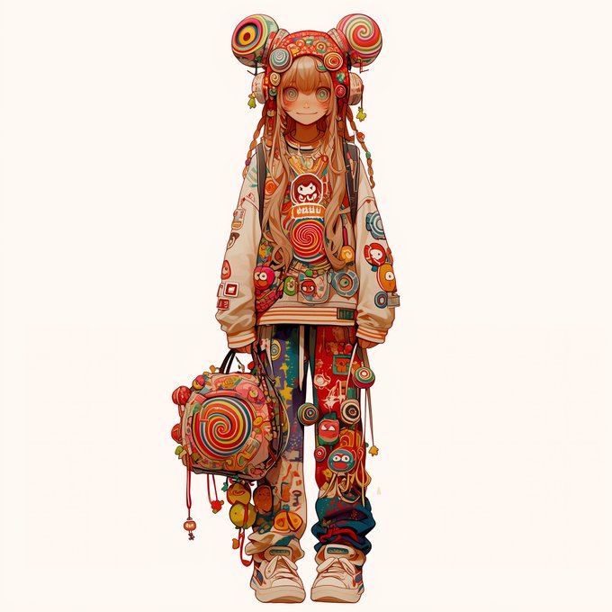 An illustrated character featuring a girl with long hair wearing a colorful, patchwork-style outfit decorated with swirls, lollipop designs, and a matching bag.