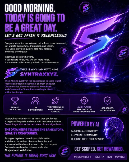 A promotional graphic for 'SYNTRAXXYZ' ($STRX) features a lightning bolt logo and AI-themed marketing text promoting wallet reputation scoring and community incentives in Web3.