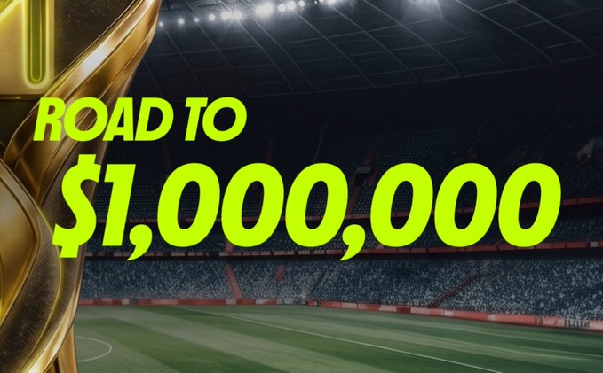 A stadium background with bright neon green text reading 'ROAD TO $1,000,000' next to a partial gold trophy.