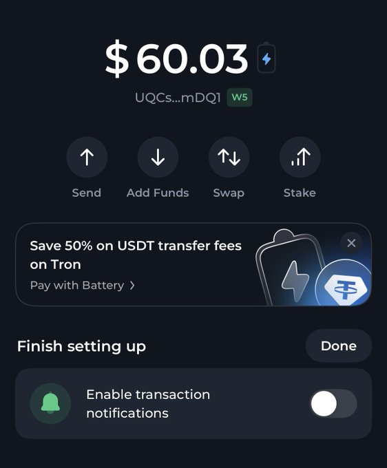 A screenshot of a crypto wallet app displaying a balance of $60.03, with options for Send, Add Funds, Swap, and Stake, along with a promo to save 50% on USDT transfer fees on Tron.