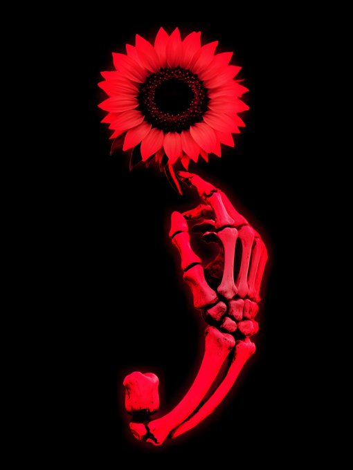 A skeletal hand rendered in vivid red against a black background delicately holds a red sunflower, with the bones gracefully curved upward to cradle the bloom. The image reflects the post's caption by artist EddieLee.tez, showcasing a striking piece titled "Semicolon-7" that merges macabre skeletal imagery with natural beauty.