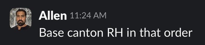 A Slack message from user "Allen" at 11:24 AM reads "Base canton RH in that order," indicating a preference sequence for Base, then Canton, then Robinhood, which aligns with the post marking Base and Canton as complete (✅) while Robinhood remains pending (⏳).