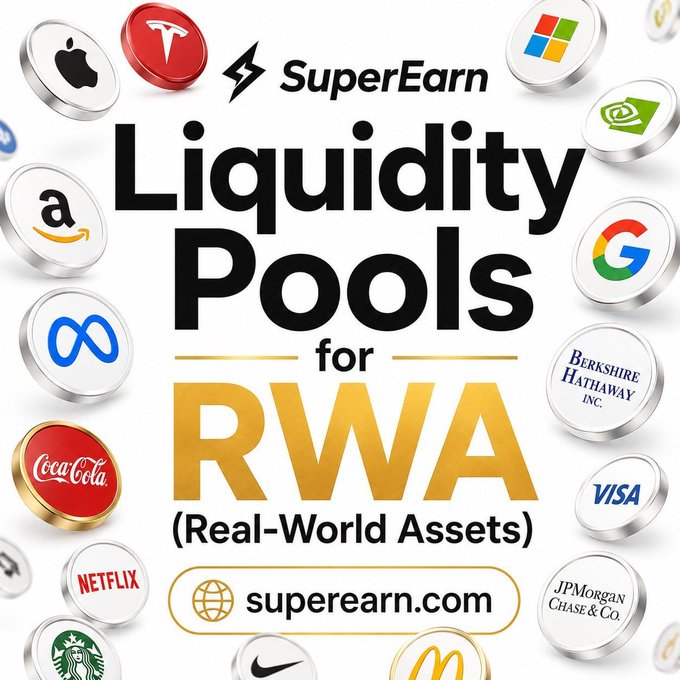 A promotional graphic for 'SuperEarn' featuring 'Liquidity Pools for RWA (Real-World Assets)' with 'superearn.com' URL, surrounded by brand logos including Apple, Tesla, Microsoft, Google, Coca-Cola, Netflix, Visa, Nike, Starbucks, and McDonald's.
