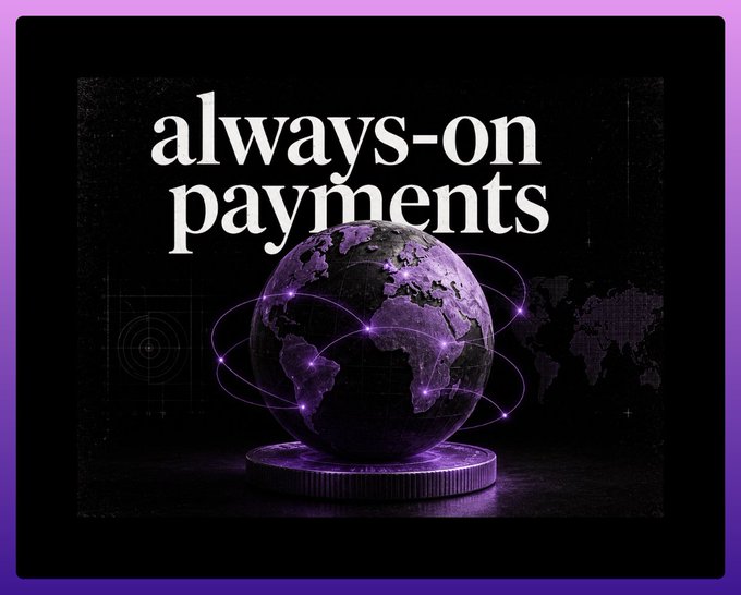 A purple-themed graphic with a globe wrapped in glowing orbit lines, displaying the text 'always-on payments.'