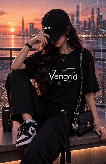 A stylish woman wearing a black cap and 'Vangrid' branded t-shirt sits on a ledge against a sunset cityscape backdrop, with a quilted black handbag beside her.