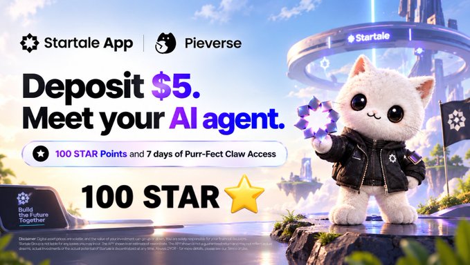 An advertisement for 'Startale App' and 'Pieverse' featuring an anime-style white cat character in a black leather jacket, promoting a $5 deposit to meet an AI agent and earn 100 STAR Points.