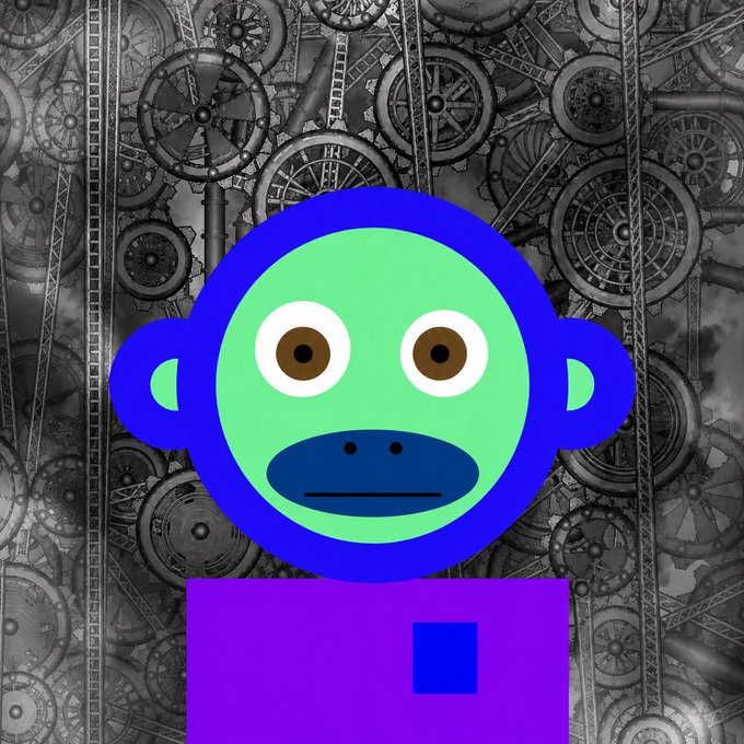 A digital illustration of a green and blue cartoon monkey face with a purple body against an intricate grayscale steampunk background of gears and clockwork.