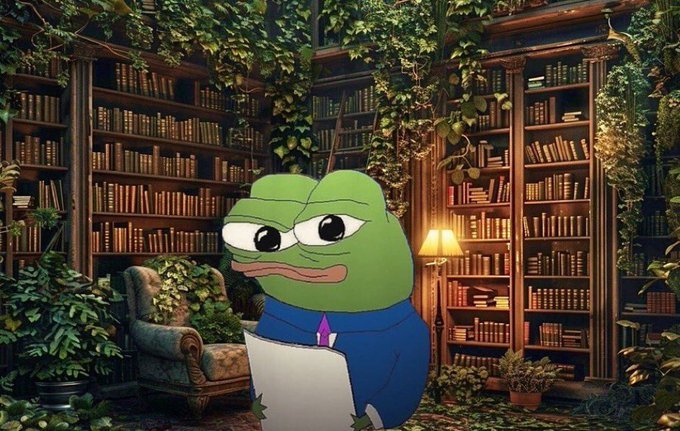 An animated Pepe the Frog character in a blue suit and tie holds a paper while sitting in an armchair within a lush, ivy-covered library.