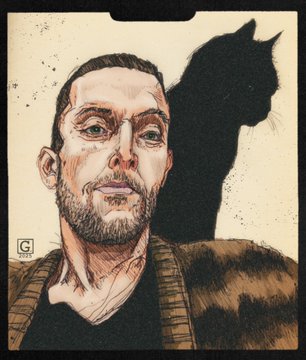 A painted portrait of a bearded man looking forward, with a shadowy cat silhouette looming behind him against a light background.