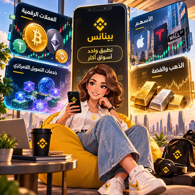 An illustrated advertisement for Binance featuring a young woman holding a smartphone surrounded by Arabic text panels advertising cryptocurrency, stocks, gold, and US funding services.