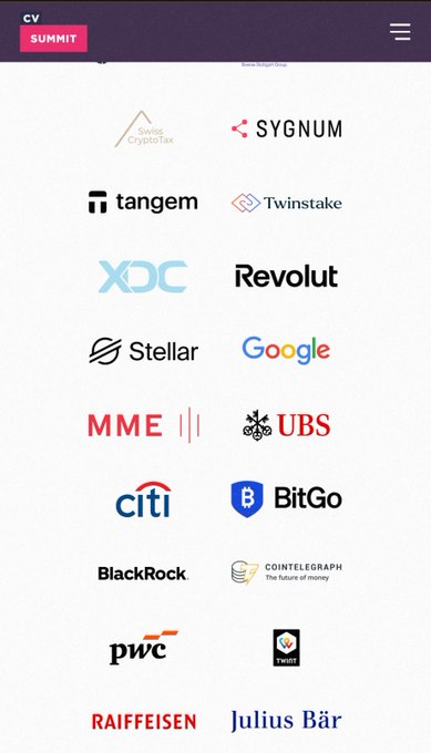 This image shows a webpage from the CV Summit featuring a grid of corporate logos, including XDC alongside prominent names like Google, BlackRock, Citi, UBS, PwC, Tangem, Revolut, Sygnum, and Julius Bär. The image visually reinforces the post's message about XDC's presence at the CV Summit in Switzerland among leading finance and technology companies.