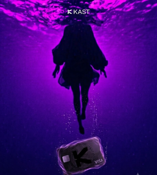 A vibrant purple and magenta underwater scene showing the silhouette of a person diving downward toward a KAST Visa credit card graphic.