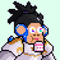 A pixel art character with dark hair, glasses, and headphones with blue and pink accents.