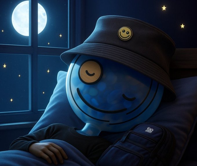 A person wearing a smiley-face bucket hat and carrying a "Stüssy" backpack sleeps peacefully with a blue smiley emoji head against a pillow, set against a nighttime backdrop with a full moon and stars visible through a window. The image perfectly captures the "Sleep tight" sentiment of the post, with the emoji character tucked in for the night.