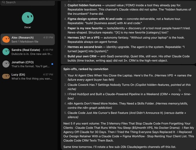 A Slack conversation with user "Alex (Research)" sharing a list of Claude/agent use cases at 4:51 PM, including items like "Copilot hidden features," "Figma design system with AI and code," and ranked spin-offs. The accompanying post discusses Grok Bot use cases, which doesn't match the image content shown.