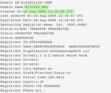 A WHOIS record for bitcoin.org showing it was registered on August 18, 2008, by Anonymousspeech under the registrant organization "Anonymousspeech LLC" in Japan, supporting the post's claim that Satoshi Nakamoto registered the bitcoin.org domain in August 2008, predating both the Bitcoin whitepaper and the genesis block.