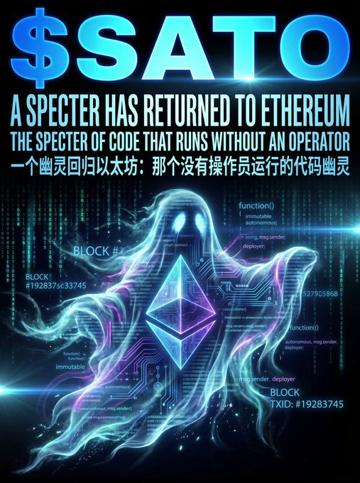 The image features an illustration of a ghostly figure with a blue and purple color scheme, which appears to be a digital representation of a code block or a programming language. The ghost has a face and arms, giving it a more human-like appearance. The background is black, providing contrast for the ghost's features. The text in the image reads: "$sato With code as a safety net, there' s exponential growth potential on top. It' s the first project in a new track, a new way to issue assets. This summer is going to be hook summer."