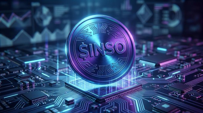 A stylized 3D rendering shows a metallic coin marked "$INSO" hovering above a futuristic circuit board with glowing neon accents.
