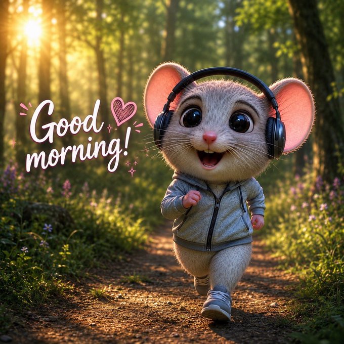 A 3D-rendered cartoon mouse wearing a grey hoodie and black headphones, smiling and running along a dirt path through a sunlit forest, with the text 'Good morning!' and a heart graphic displayed next to it.