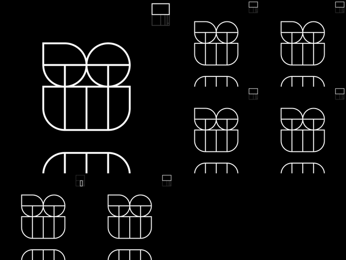A black background displays multiple white line-art versions of a logo featuring two circles above a rectangular grid with vertical bars, arranged in various sizes.