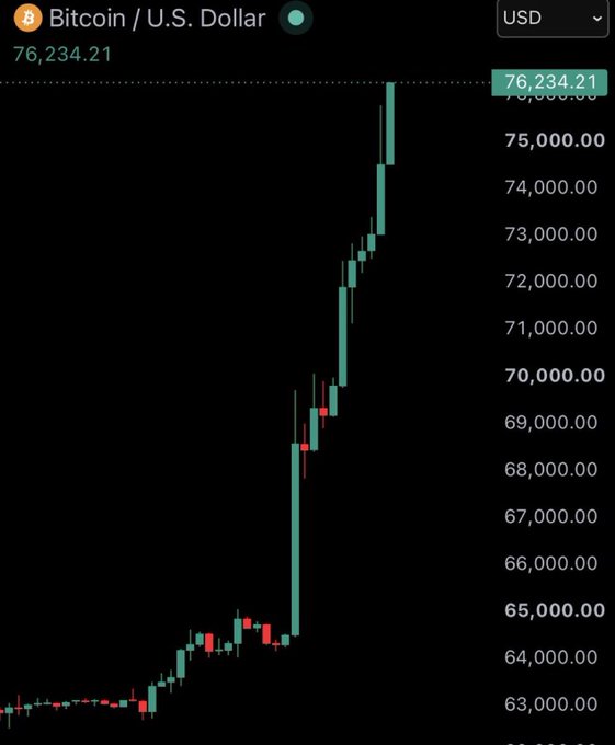 A Bitcoin/USD price chart shows a sharp upward trend, with the current price at 76,234.21 USD, rising from the 63,000 range.