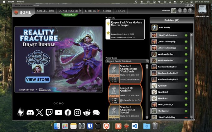 A screenshot of the 'MTGO' (Magic: The Gathering Online) home screen highlights a 'REALITY FRACTURE Draft Bundle' promotion and a 'Keeper Pack Wars Modern Masters League' event.